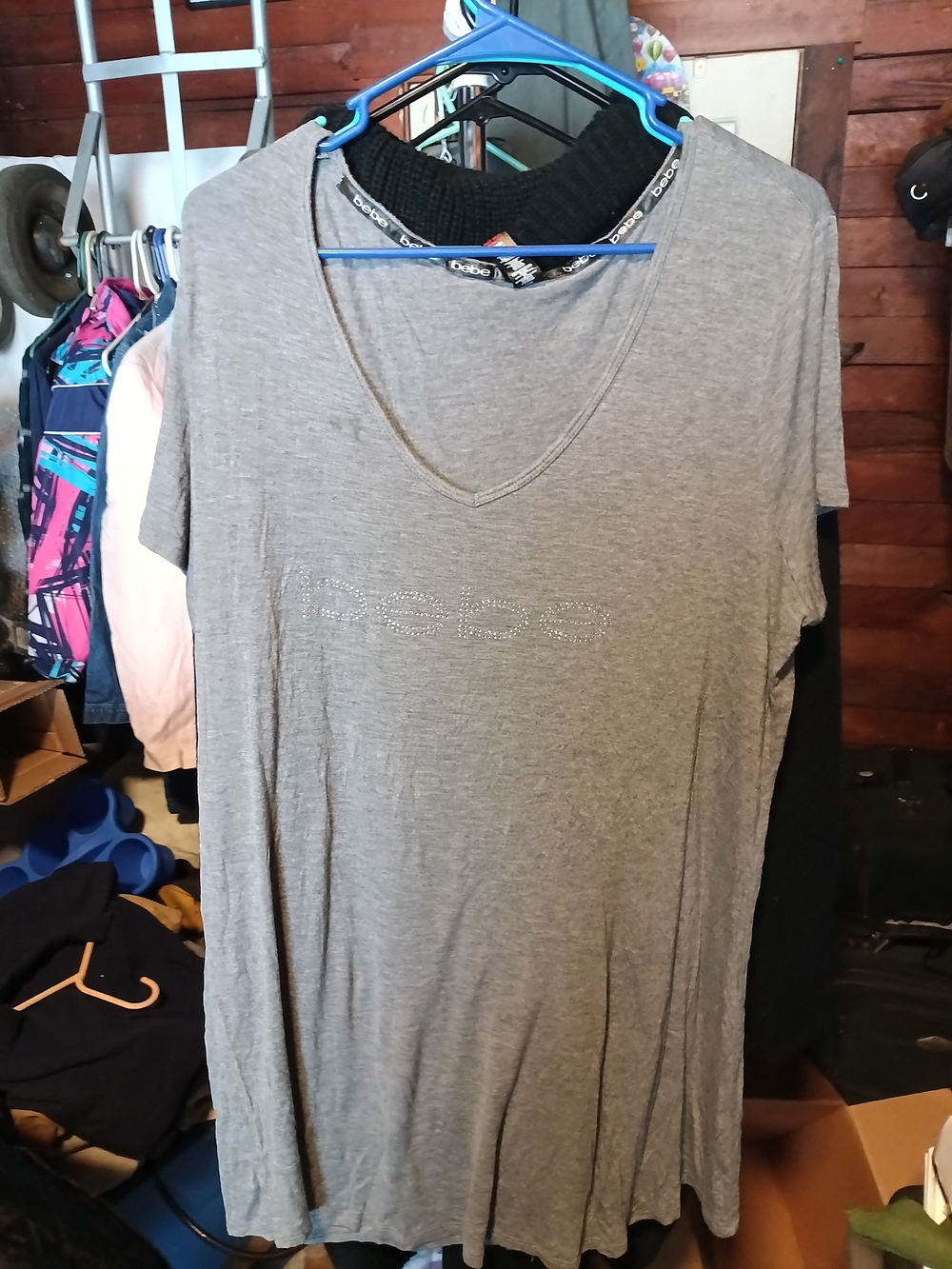 bebe Gray V-Neck Rhinestone Logo Tee